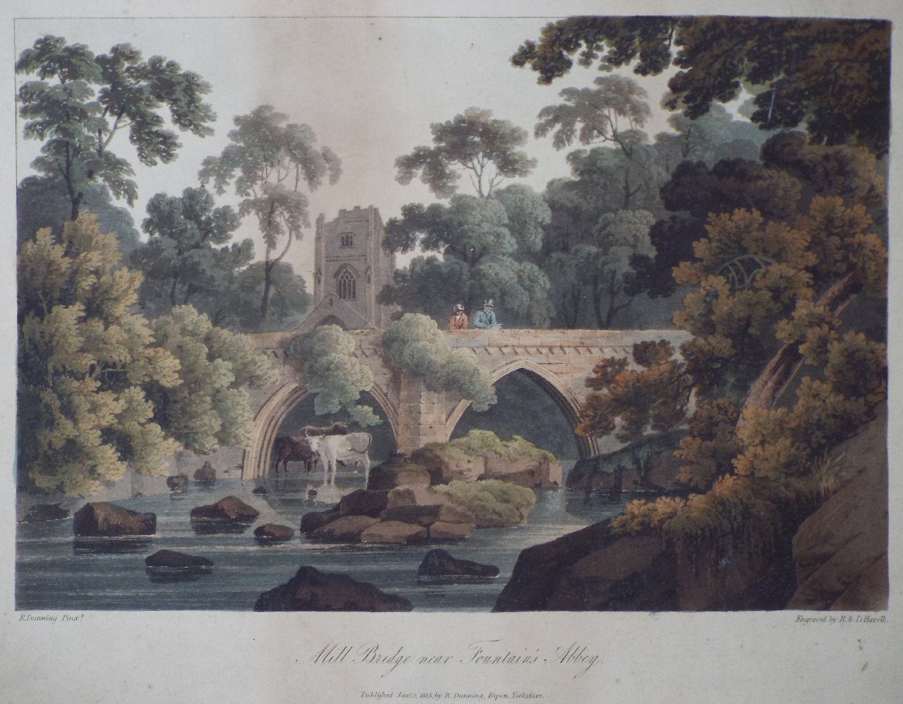 Aquatint - Mill Bridge near Fountain's Abbey. - Havell